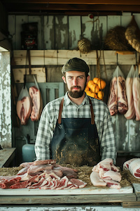 En bonde som står framför sin ladugård och visar sitt sortiment av lokalproducerat kött till försäljning